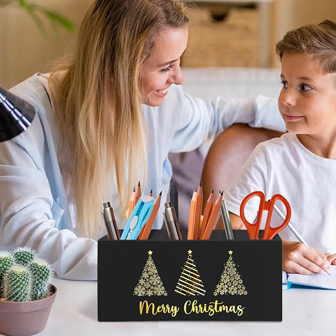 Black and Gold Christmas Tree Pen Pencil Holder Organizer for Desk Accessories, Christmas Office Decor, Golden Snowflake Xmas Tree Wooden Box Signs Decorations for Home Office Desk Tabletop