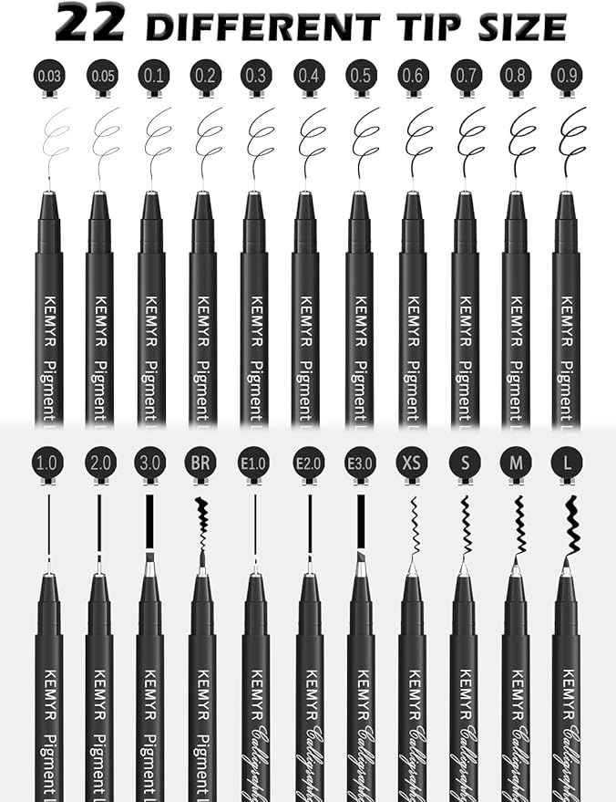 Micro Fine liner Drawing Art Pens Calligraphy Pens: 22 Size Art supplies Waterproof Archival Black Ink Markers For Artists,Use for Professional Watercolor,Sketching,Anime,Manga,Zentangle
