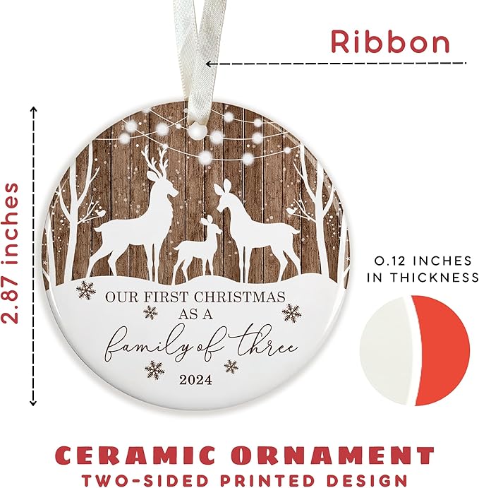 Family Christmas Ornaments 2024 - New Mom and Dad Gifts First Time 2024 - Our First Christmas as a Family of 3 Ornament - Ceramic Ornament