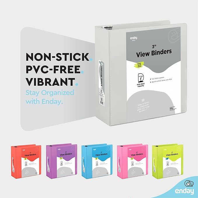 3 Slant D-Ring Binder 3 Inch Grey, 3 in Clear View Cover with 2 Inside Pockets Binder, Heavy Duty Colored School Supplies Binders,Also Available in Green, Red, Purple, Blue, Pink (6 PC) – by Enday