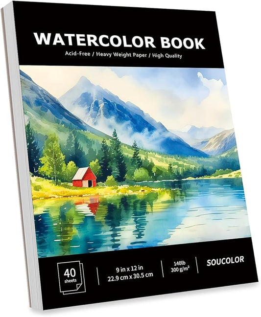 Soucolor Watercolor Paper Pad, 9"x12" Water Color Paper, 140lb/300gsm 40 Sheets Artist Painting Drawing Paper Book, Art Supplies for Adults Kids, Watercolor Paint Set, Sketchbook, Journal, Notebook