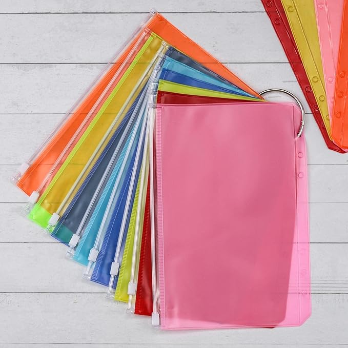 24Pcs A5 Binder Pockets 6 Holes Zipper Binder Pouch for Cash,ID Card,Credit Card, 8 Colors