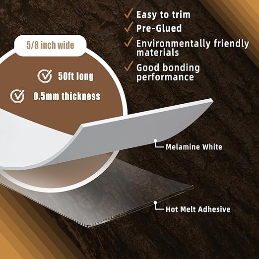 GSCIT Club White Melamine Edge Banding, 5/8 inch x 50ft Edge Banding with Hot Melt Adhesive Pre-glued Cabinet Edge Banding Flexible White Veneer Edging for Plywood