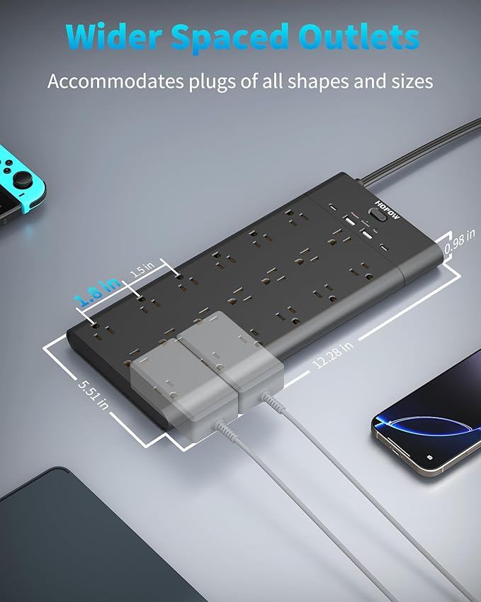 Flat Plug Power Strip, Surge Protector with 19 Outlets and 4 USB Ports, HOPOW 6 Ft Heavy Duty Extension Cord, 1875W, 2100J Surge Protection, Wall Mount for Home, Office, Gaming Room, Dorm, Black