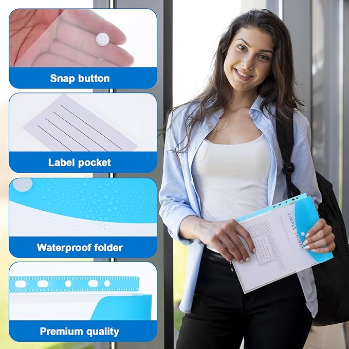 18 Pcs Binder Pocket Organizer Folders, Expandable Folders Plastic Envelopes Binder Folders with 11 Holes for 2/3/4 Ring Binder, Document Pouch with Snap Button and Label for School Office Home