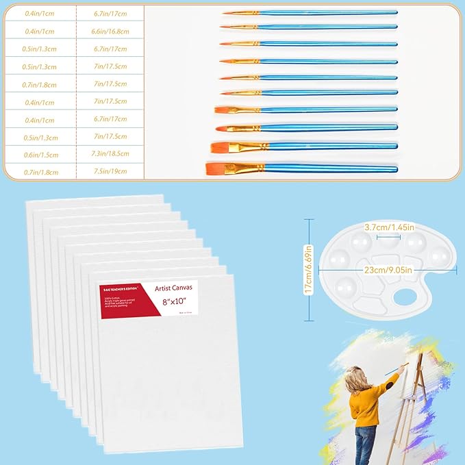 S & E TEACHER'S EDITION 120Pcs Painting Brushes, 12Pcs Paingting Palettes, 12Pcs Canvas Panels, Canvas Boards Bulk Value Pack for Classes and Parties, Total 144Pcs.