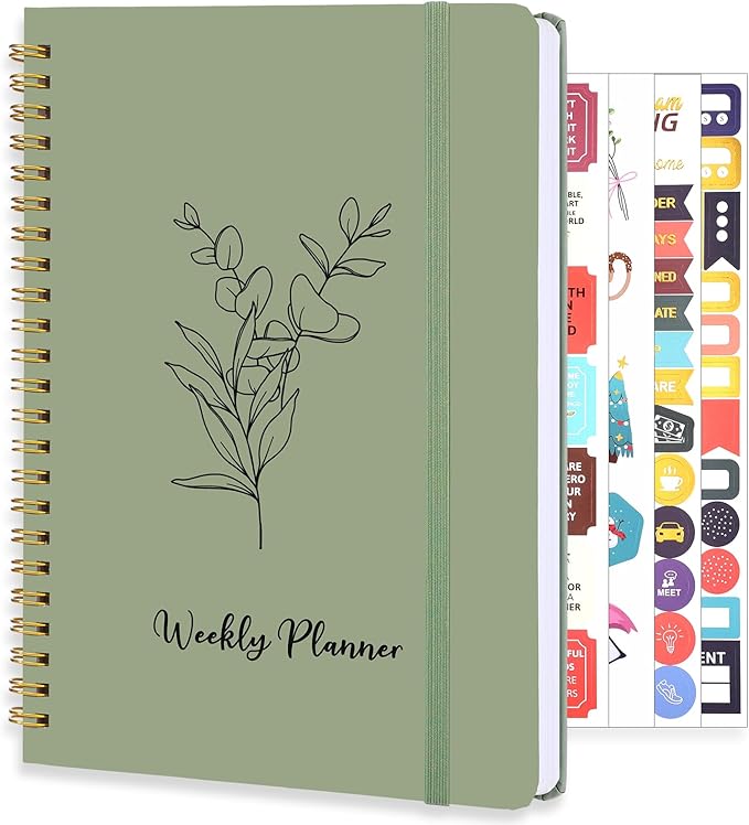 Undated Weekly Planner, A5 Weekly To Do List Notebook with Habit Tracker Spiral Binding Weekly Planner Notebook with Stickers Home Work School Supplies, Sage Green