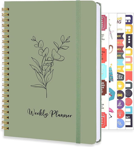 Undated Weekly Planner, A5 Weekly To Do List Notebook with Habit Tracker Spiral Binding Weekly Planner Notebook with Stickers Home Work School Supplies, Sage Green