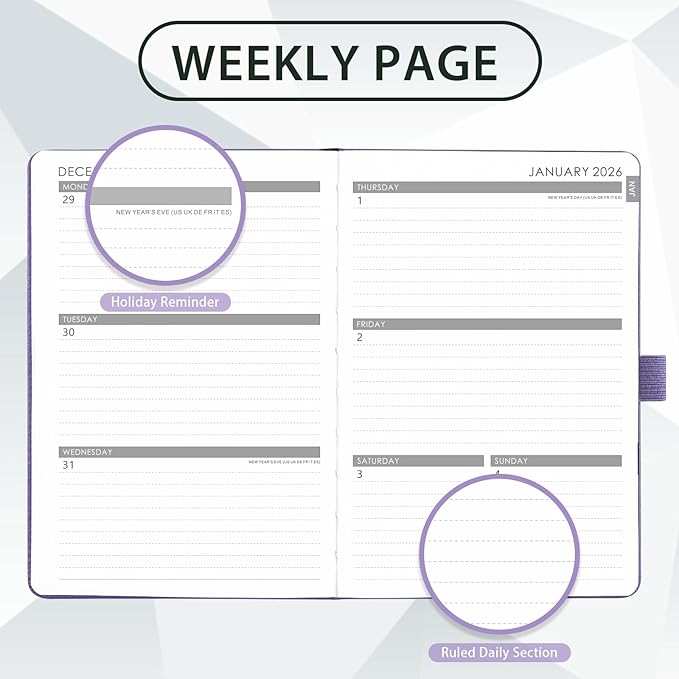 2026 Planner - Planner 2026, 2026 Weekly Monthly Planner, Jan.2026 - Dec.2026, 5.7'' x 8.4'', Thick Paper, Leather Cover, Pen Holder, Back Pocket, Bookmarks, Perfect Daily Organizer - Purple