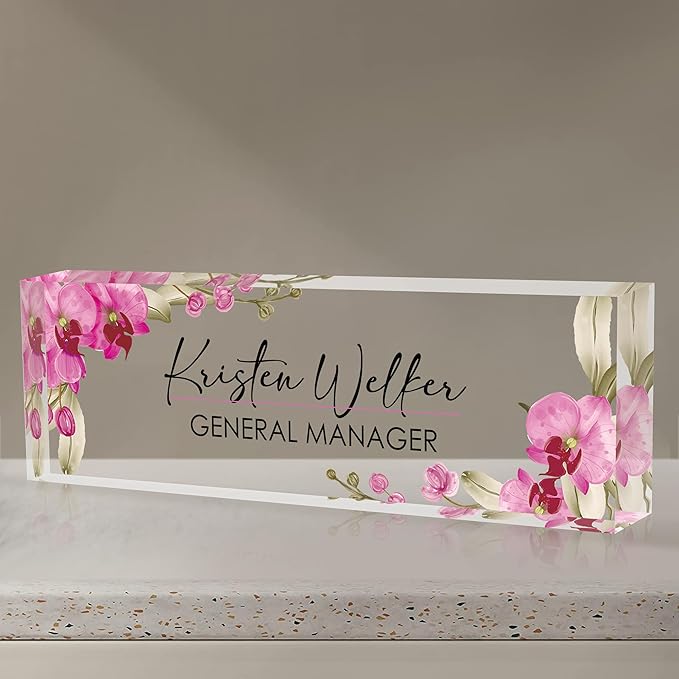Personalized Name Plate for Desk, Custom Desk Name Plate, Acrylic Name Plate Office Desk Accessories, Personalized Office Gifts for Coworkers Teachers, Employee Appreciation Gifts (A-Butterfly Orchid)