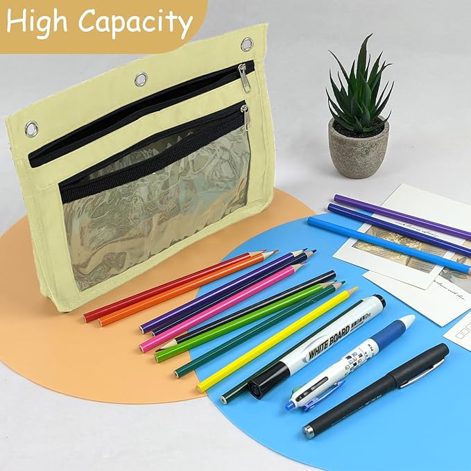 YoeeJob 1 Pack Pencil Pouch for 3 Ring Binder, Expandable Binder Pouches with Zipper, Large Capacity Pen Holder Case with Clear Window School Class Office Organizers, Beige