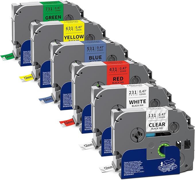 6-Pack TZe 12mm 0.47 Laminated Multi Color Compatible for P Touch Label Tape TZ TZe-231 131 431 531 631 for PTouch PT-H110 D210 D220 PT-H103W, Clear/White/Red/Blue/Yellow/Green