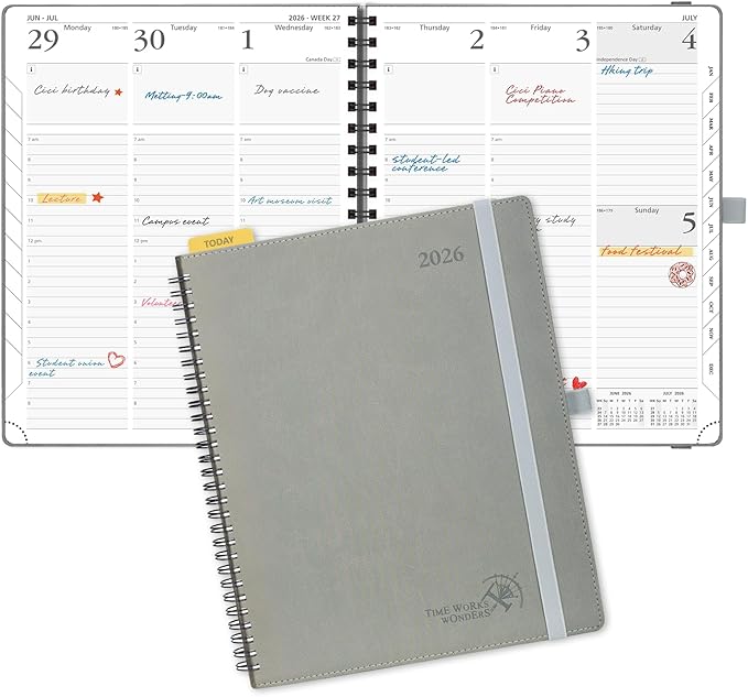 POPRUN 2026 Planner (Large - 8.5" x 10.5") with Hourly Schedule, Vertical Layout - 2026 Weekly Calendar (Jan. 2026 - Dec.2026) for Time Management, Monthly Tabs, Spiral Bound, Soft Cover - Grey