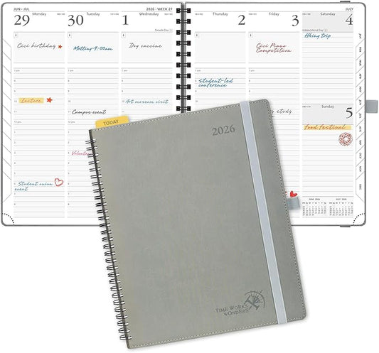 POPRUN 2026 Planner (Large - 8.5" x 10.5") with Hourly Schedule, Vertical Layout - 2026 Weekly Calendar (Jan. 2026 - Dec.2026) for Time Management, Monthly Tabs, Spiral Bound, Soft Cover - Grey