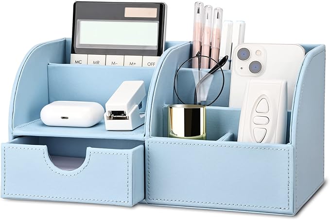 KINGFOM Pu Leather Desk Organizer Pen Pencil Holder Office Supplies Caddy Storage Box 6 Compartments with Drawer Blue