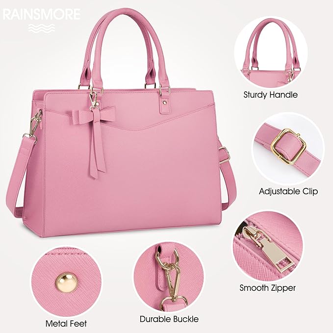 RAINSMORE Laptop Bag for Women 15.6 Inch PU Tote Bag Business Office Work Bag Waterproof Briefcase Computer Tote Lightweight Handbag Shoulder, Pink