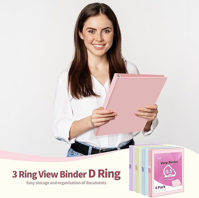 SUNEE 3 Ring Binder 0.5 Inch D Ring, Clear View Binder Three Ring PVC-Free (Fit 8.5x11 Inches) for School or Office Supplies, Assorted Pastel, 4 Pack