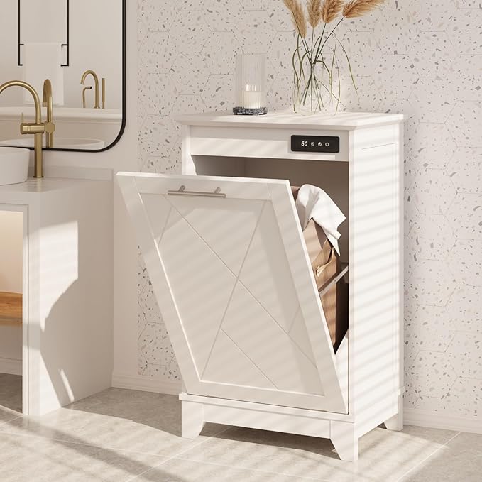 Tilt Out Trash Cabinet, Kitchen Trash Can Cabinet w/Negative ion and deodorizing Function, Dog Proof 20 Gallon Garbage Can Cabinet for Kitchen, Bathroom, Living Room, White