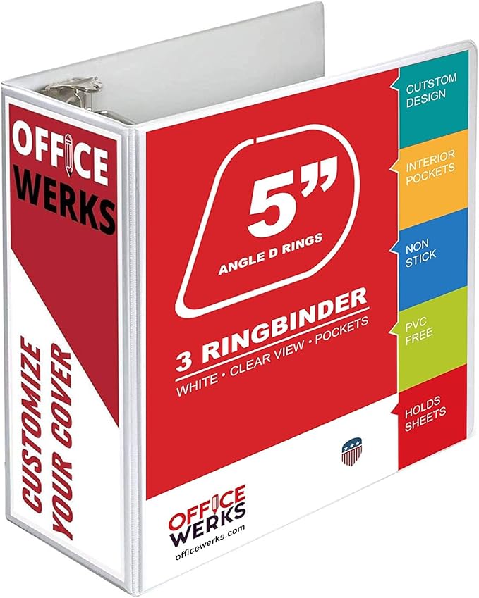2 Pack of 5 Inch 3 Ring Binder with Locking Angle D Rings, Professional Heavy Duty Large Storage Binder with Pockets, Fits 8.5 x 11 Inch Sheets, Non-Stick Clear View Cover, Customizable, White