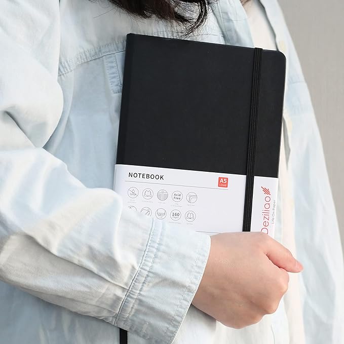 Deziliao Hardcover Notebook Journal 160 Pages, Lined Journal Notebooks for Work, 100Gsm Premium Thick Paper with Pocket, Medium 5.7"x8.4" （Black, Ruled）