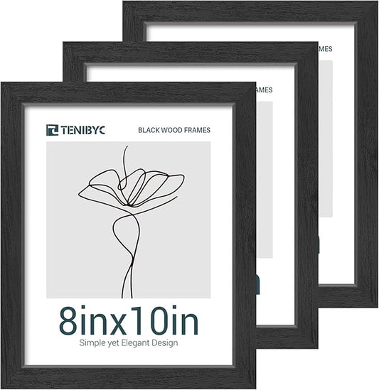 8x10 Picture Frames Set - 3 Pack - Black Solid Wood Poster Frame - Tempered Glass - Exclusive Woodgrain - Rooms, Offices, Gallery, Studio, and Hallway, Wall Display Decor