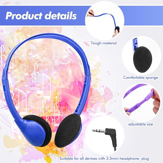 Xuhal 200 Pack Kids Headphones Bulk Classroom Headphones for Student with 3.5 mm Plug Wired On Ear for Church Christian Sunday School Library Children Teens Boys Girls Adults(Multicolor)