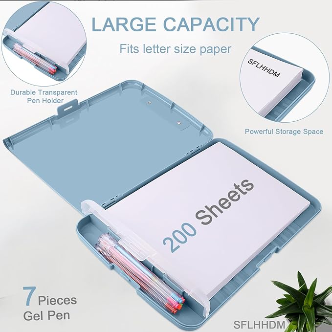 Clipboard with Storage,Storage Clipboard with Pen Holder, A4 Binder Clip Boards 8.5x11 with Low Profile Clip,Side Opening Nursing Clipboards, Clipboards Folder for Office Supplies-Light Blue