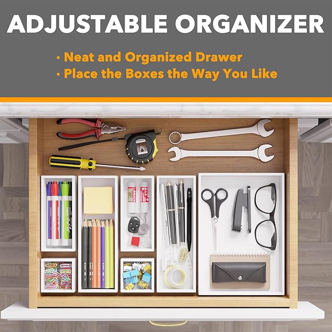 SpaceAid 7-Piece Bamboo Drawer Organizer Storage Boxes Set, Wood Tray Junk Drawer Organizers Multi-Use Divider Bins for Kitchen, Bathroom, Office Desk and Makeup Organization (7 Pack, White)