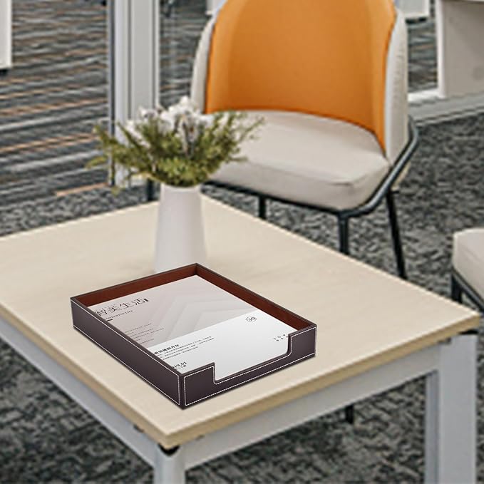 PU Leather 1-Layer Stackable Office File Document Tray Case Rack Paper Letter Tray Desk File Document Organizer Holder (Coffee)