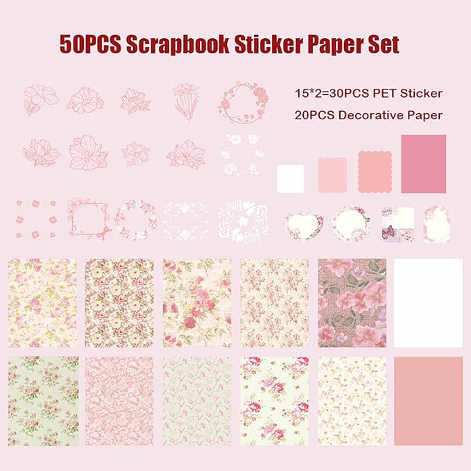 50 Pieces Pink Flower Scrapbook Papers Sticker, Aesthetic Scrapbook Sticker Paper Art Journaling Kit for Bullet Junk Journals, Planner, Cottagecore Decor Gifts