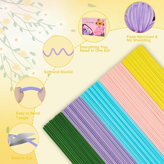 500 PCS Pipe Cleaners Craft Kit for Flower Making Daisy DIY Material Bundle with 20 Stems, 100 Stamens, Ribbon, Tulle, Glue Sticks & Step-by-Step Guide - Vibrant Colors, Non-Shedding, Fade-Resistant