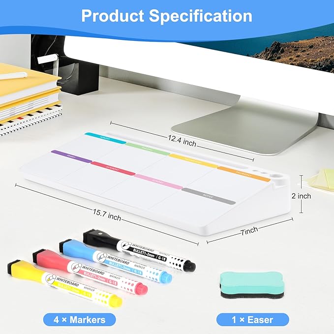 Desktop Glass Whiteboard with Storage, Colorful Weekly Calendar Desk Dry Erase White Board, Desk Organizers and Accessories, Weekly Planner Board with Notes for Planning, Memo, Office, Home, School