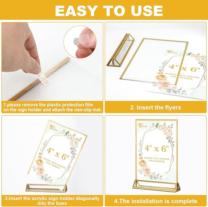 EHWINE 24 Pack Acrylic Sign Holder 5 x 7, Double Sided Gold Picture Frame Stand up Table Top Sign Holders, Clear Display Stand Menu Flyer Holder for Wedding Party
