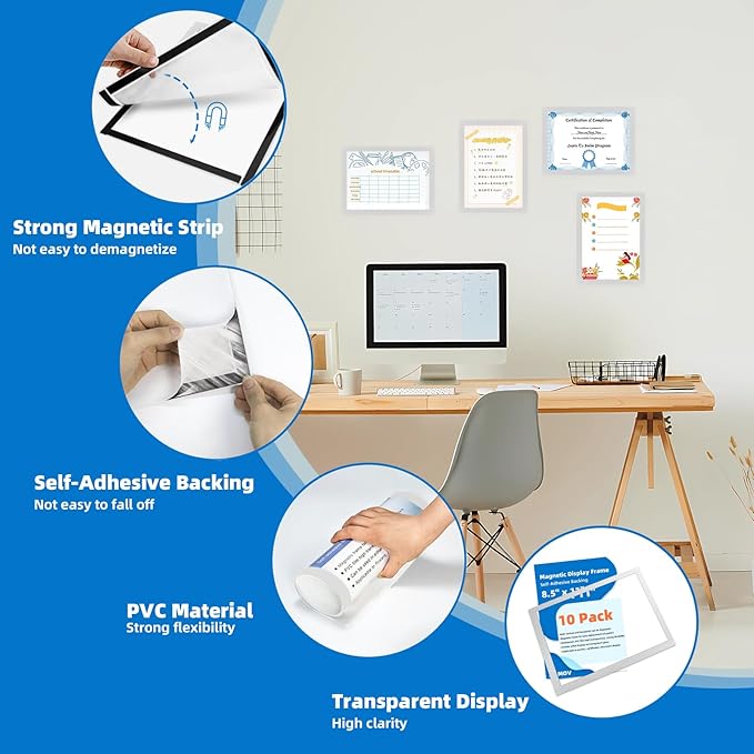 Magnetic Sign Holder 8.5 x 11-10 Pack Double Sided Magnetic Picture Frames for Wall Window Display Frame Paper Poster Document Holder Reusable Adhesive Frames for Refrigerator Glass Door