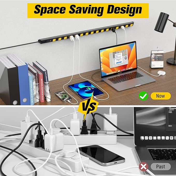HHSOET 16 Outlet Long Power Strip, 6FT Heavy Duty Power Strip with 4800J Surge Protection, 20a Mountable Wide-Spaced Outlets for Home, Office, Garage & Workshop - ETL Certified