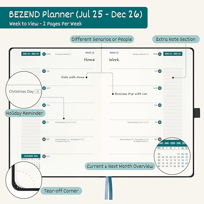 BEZEND 2026 Planner Weekly and Monthly (8.5" x 11"), Large 2-Column Calendar Book (Jul 25-Dec 26), Dual Schedule for Daily Appointment, Inner Pocket & Tabs, PU Leather Hardcover - Fruit Green
