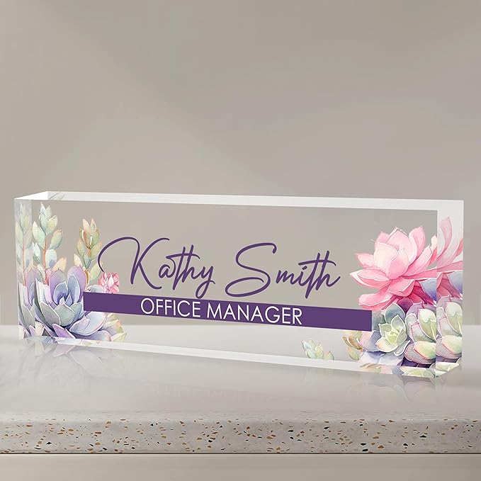 Personalized Name Plate for Desk, Custom Desk Name Plate, Acrylic Name Plate Office Desk Accessories, Personalized Office Gifts for Coworkers Teachers, Employee Appreciation Gifts (A-Blooming)