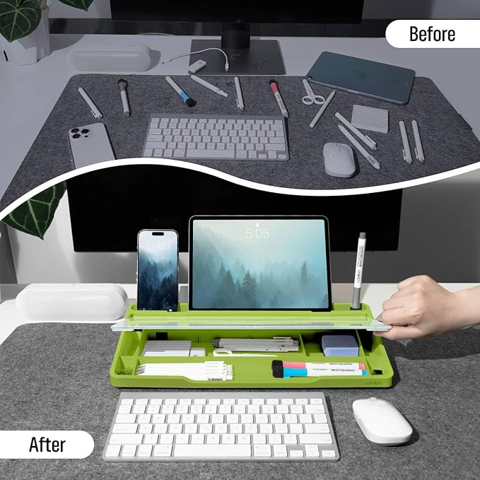 LOUKIN Glass Desktop Whiteboard, 15.3" x 5.6" Dry Erase Desk Board with Dotted and Graduated Surface, Desktop Buddy, Great for Design and Drawing, 3 Markers and 1 Dry Erase Eraser Included (Green)