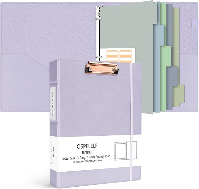 Ospelelf 3 Ring Binder 1 Inch Vintage Hardcover, Leather Organizer for Letter Size, Professional Clipboard with Dividers and Tabs, Purple
