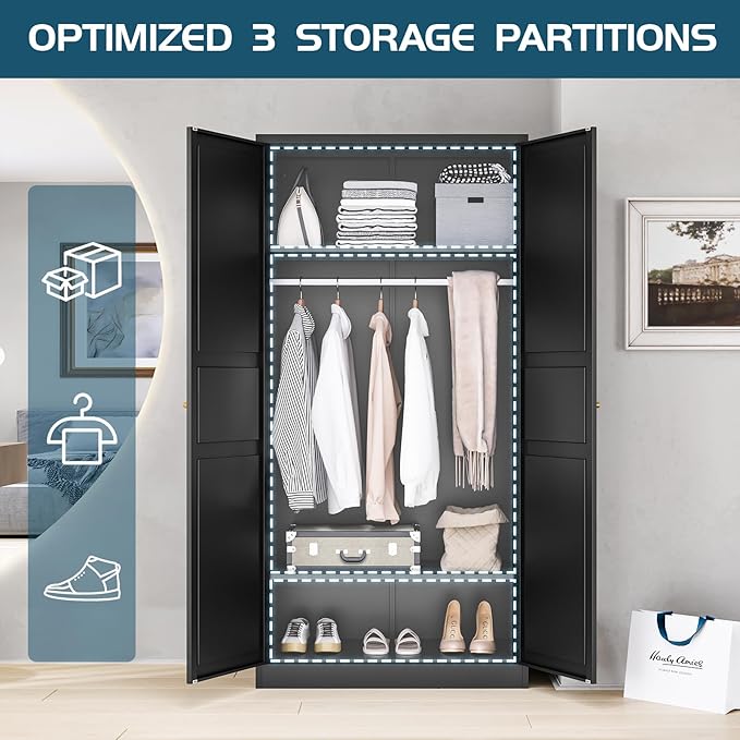MIIIKO Wardrobe Closet with 2 Doors, 72" Metal Wardrobe Cabinet with Hanging Rod, Bedroom Armoires Laundry Room and Office Clothes Storage Organizer Cabinets Black