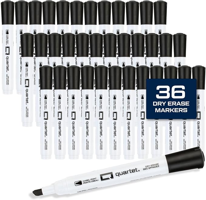 Quartet Dry Erase Markers, Chisel Tip White Board Dry Erase Markers with DryGuard Ink Protection, Office Essentials, Black, 36 Pack (Q120Z02-R)