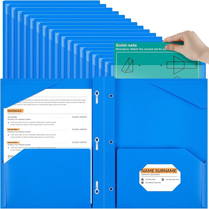 Henoyso 48 Pcs Plastic Folder with Clear Front Pocket and 3 Prongs Heavy Duty Plastic Folders with Card Slot Pocket Folders with Prongs for School Office Home(Blue)