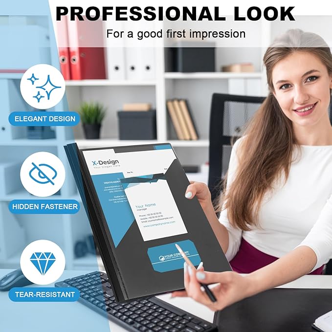 Teling 24 Pcs Clear Report Cover with 3 Prongs, Plastic Report Presentation Folders 90 Sheet Capacity Resume Document Covers for School Office(Black)