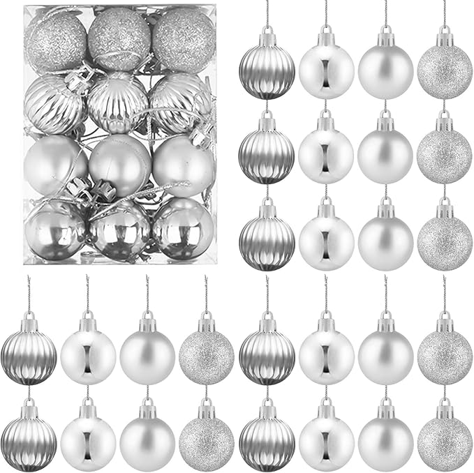 Set of 24 Small Silver Christmas Ornaments Balls for Christmas Tree, 1.2 inch Mini Silver Ornaments for Mini Tree, Plastic Shatterproof Hanging Bulbs Xmas Valentine Party Indoor Outdoor Decorations
