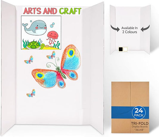 EPI Tri Fold Cardboard Display Board. Large 36 x 48in White Tri-fold Poster 24 Pack. Professional Presentation Boards with Rounded Corners for Science Fair Project, School and Business Presentations