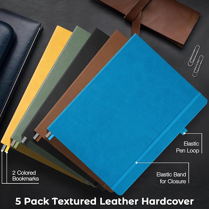 5 Pack College Ruled Notebook, A4 Hardcover Leather Notebook for Work, Lined Notebook Journal for Women, Men, 192 Thick Paper, 8.5" x 11", Large Notebook, Professional Business Notebook, Multicolor
