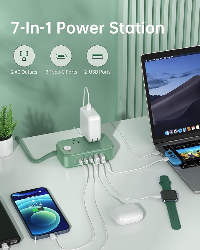 Power Strip with USB C Ports,30W USB C Charging Station,Surge Protection 1200J, 5FT Flat Extension Cord USB Charger Hub for Multiple Devices (Pearl Green)