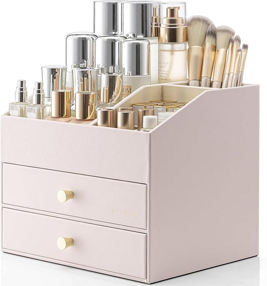 Vlando Makeup Organizer,Skincare Organizer for Vanity，PU Leather Make up Organizer with Drawers Cosmetic Display Case for Countertop,Perfume,Gifts Ideas for Women (Apricot White)