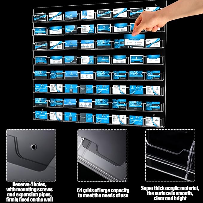Hillban Acrylic Business Card Holder Wall Mount Clear Sticker Display Rack Multiple Card Holders Clear Acrylic Organizing Sticker Display Stand Pre Drilled(64 Pockets)