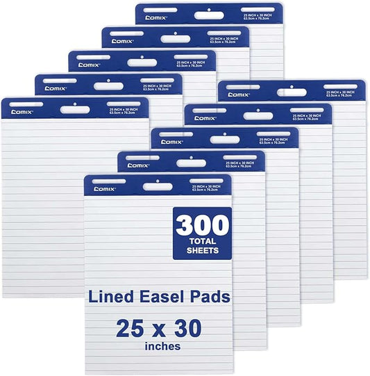 Comix Lined Sticky Easel Pad, 25 x 30 Inches Flip Chart Paper for Teachers, Large Self Stick Easel Paper, 30 Sheets/Pad, 10 Pads/Pack
